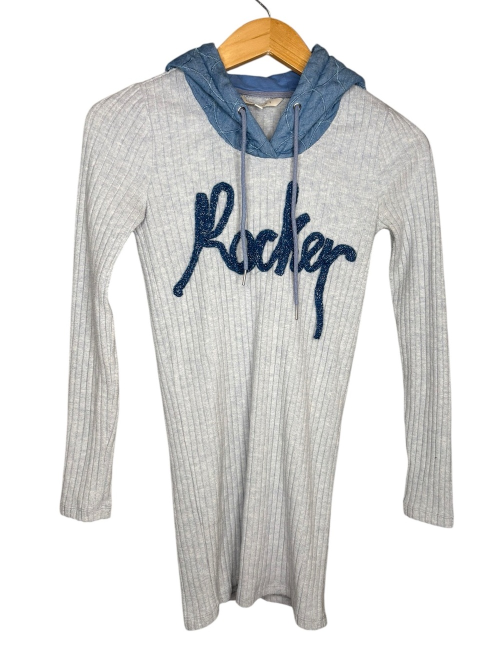 Egoist sweater dress Rocker Script Hooded Rib Knit Women’s blue size small / 55